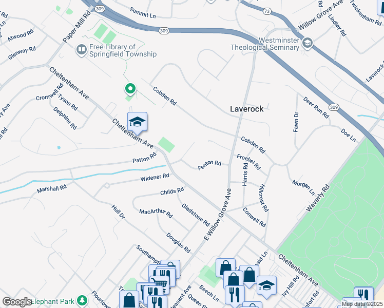 map of restaurants, bars, coffee shops, grocery stores, and more near 1624 Chattin Road in Laverock