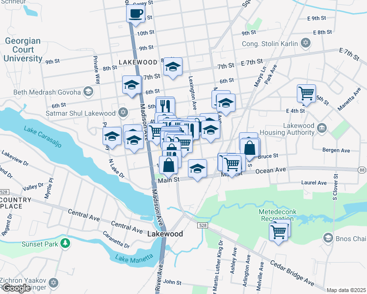 map of restaurants, bars, coffee shops, grocery stores, and more near 2nd Street in Lakewood