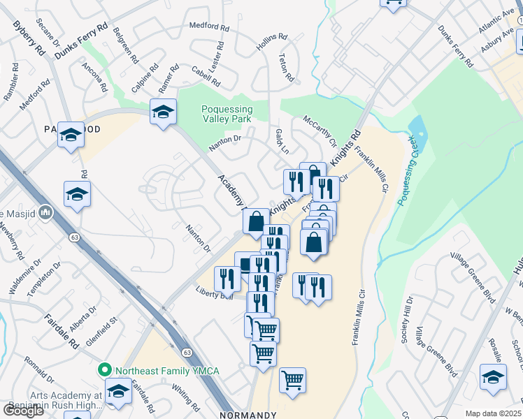 map of restaurants, bars, coffee shops, grocery stores, and more near 12614 Knights Road in Philadelphia