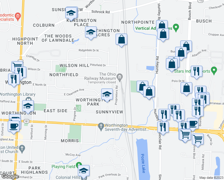 map of restaurants, bars, coffee shops, grocery stores, and more near 500 East Stafford Avenue in Worthington