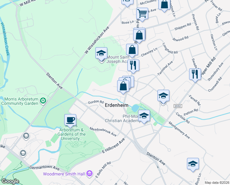 map of restaurants, bars, coffee shops, grocery stores, and more near 13 Brookside Road in Erdenheim