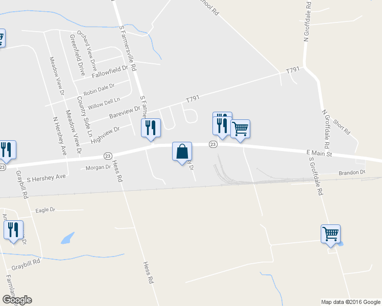 map of restaurants, bars, coffee shops, grocery stores, and more near 352 East Main Street in Leacock-Leola-Bareville