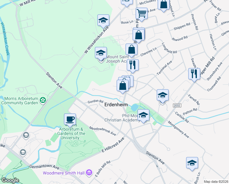 map of restaurants, bars, coffee shops, grocery stores, and more near 13 Brookside Road in Erdenheim