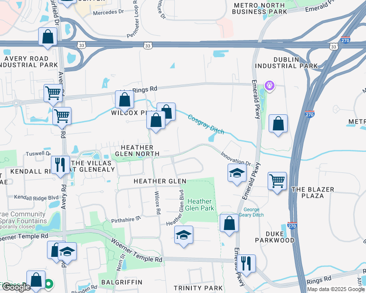 map of restaurants, bars, coffee shops, grocery stores, and more near 5858 Innovation Drive in Dublin