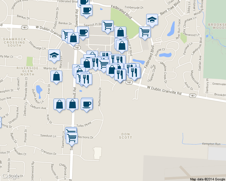map of restaurants, bars, coffee shops, grocery stores, and more near 3571 West Dublin Granville Road in Columbus