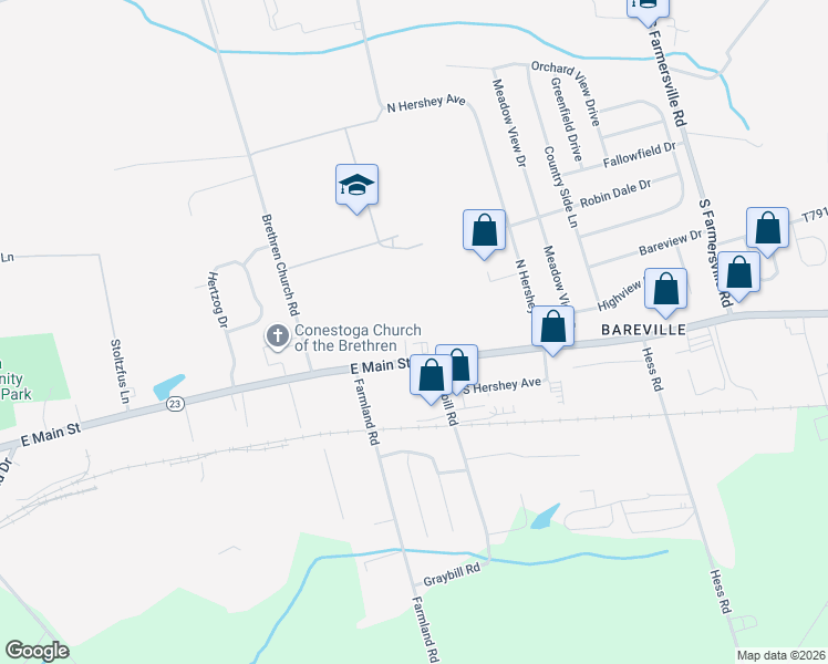 map of restaurants, bars, coffee shops, grocery stores, and more near 203 East Main Street in Leacock-Leola-Bareville