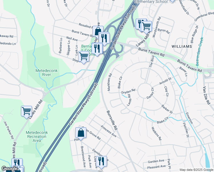 map of restaurants, bars, coffee shops, grocery stores, and more near 25 Markham Road in Brick Township