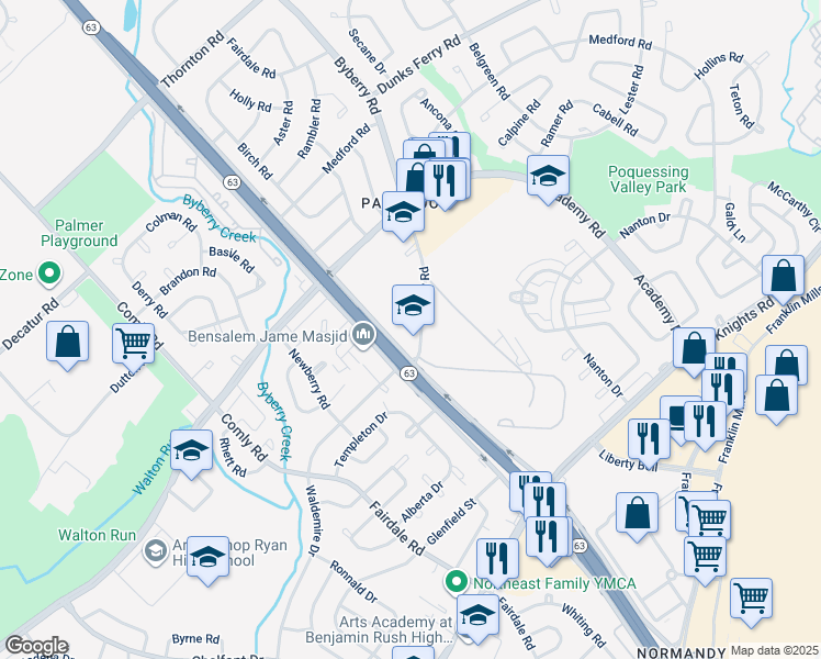 map of restaurants, bars, coffee shops, grocery stores, and more near 3376 Byberry Road in Philadelphia