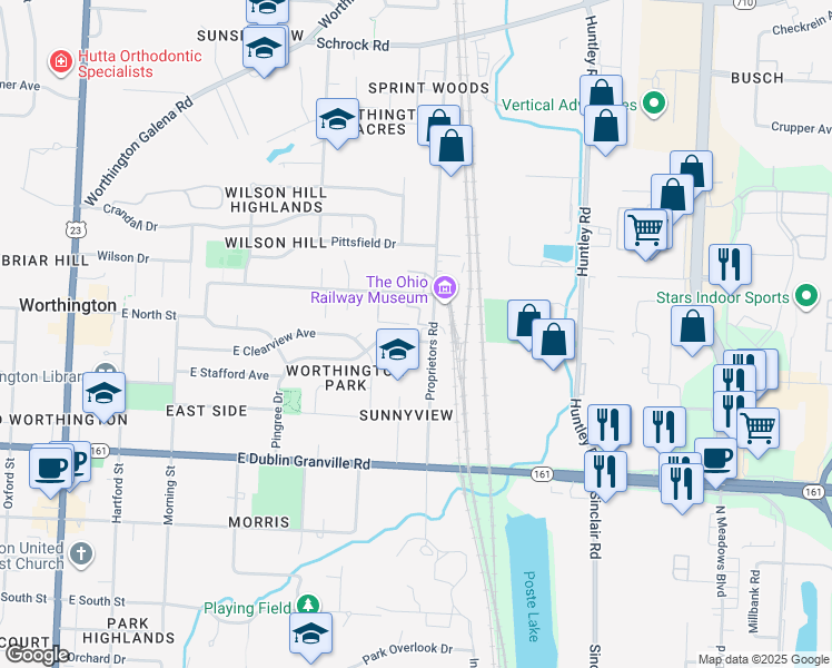 map of restaurants, bars, coffee shops, grocery stores, and more near 500 East Stafford Avenue in Worthington