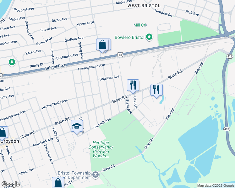 map of restaurants, bars, coffee shops, grocery stores, and more near 605 Girard Avenue in Croydon
