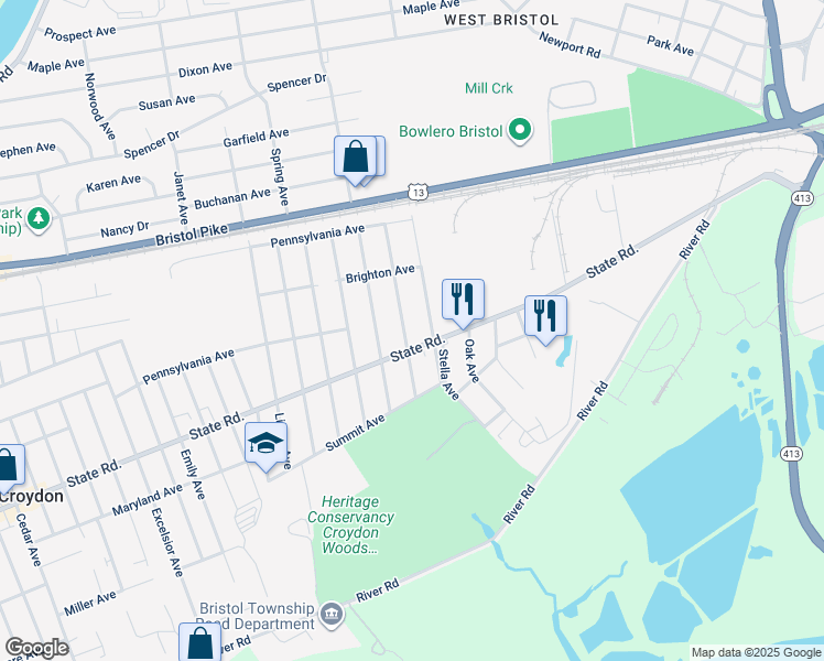 map of restaurants, bars, coffee shops, grocery stores, and more near 605 Girard Avenue in Croydon