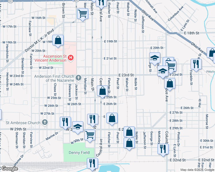 map of restaurants, bars, coffee shops, grocery stores, and more near 2405 Fletcher Street in Anderson