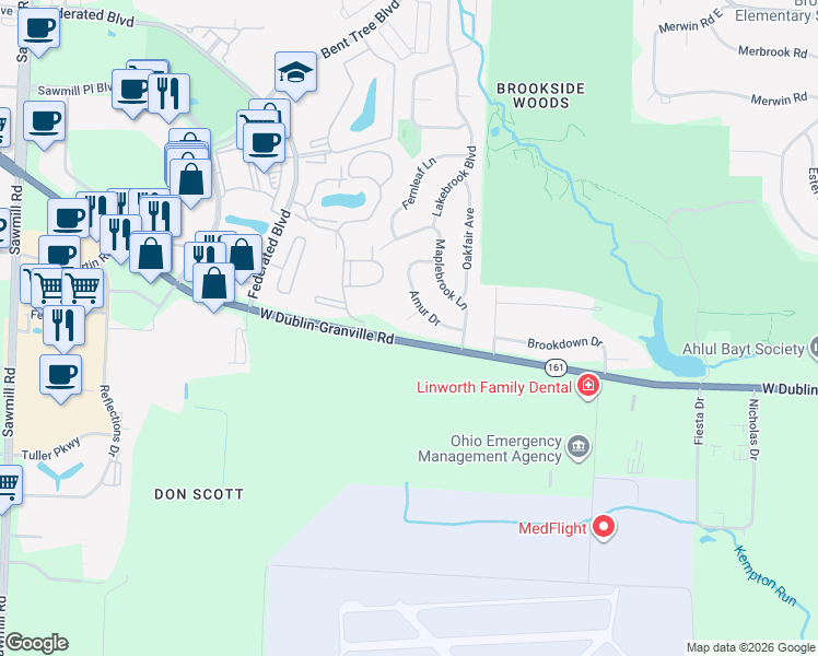 map of restaurants, bars, coffee shops, grocery stores, and more near 2239 Plane Tree Court in Columbus