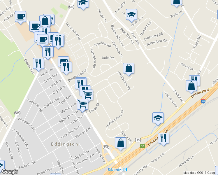 map of restaurants, bars, coffee shops, grocery stores, and more near 1040 Essex Drive in Bensalem