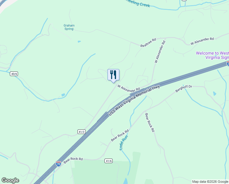 map of restaurants, bars, coffee shops, grocery stores, and more near 3088 West Alexander Road in Valley Grove