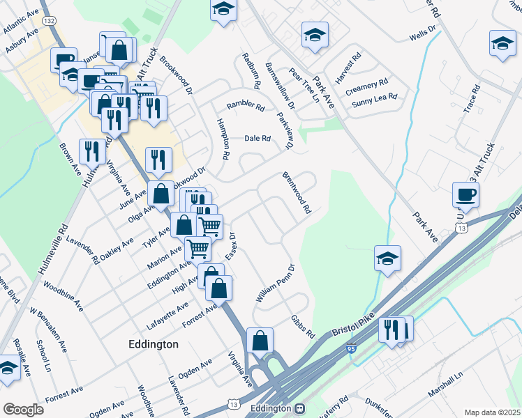 map of restaurants, bars, coffee shops, grocery stores, and more near 1040 Essex Drive in Bensalem