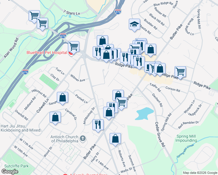 map of restaurants, bars, coffee shops, grocery stores, and more near 1701 Harmon Road in Conshohocken
