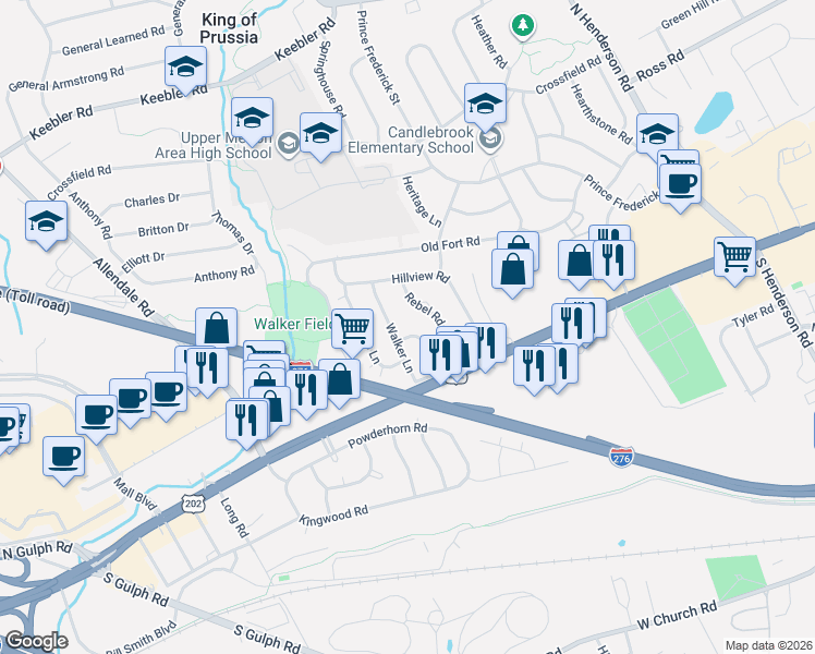 map of restaurants, bars, coffee shops, grocery stores, and more near 426 Brandywine Ln in King of Prussia