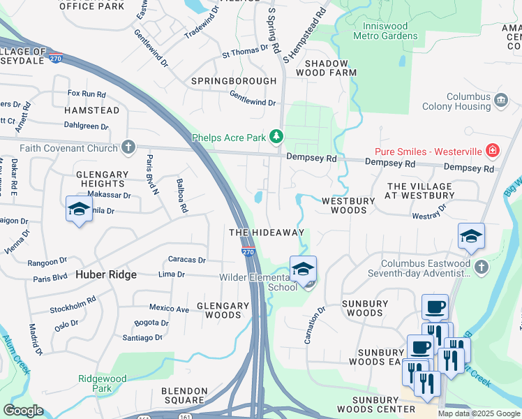 map of restaurants, bars, coffee shops, grocery stores, and more near 1355 Hideaway Woods Drive in Westerville