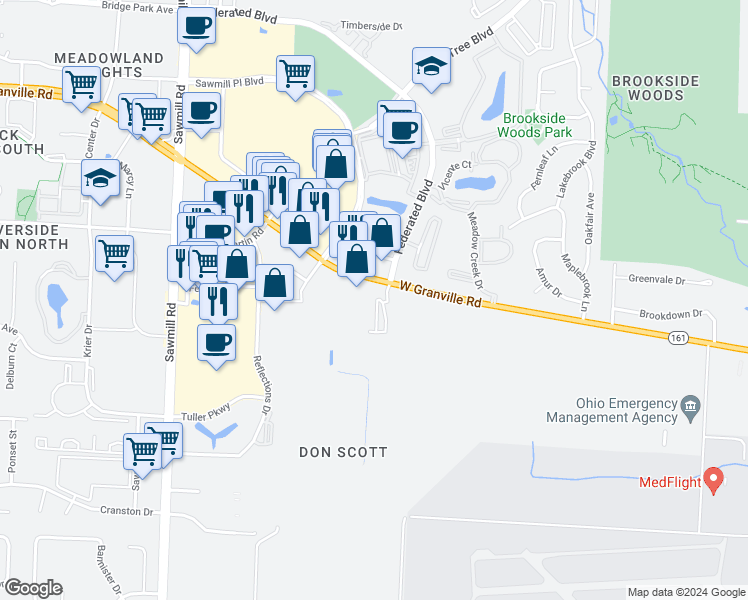 map of restaurants, bars, coffee shops, grocery stores, and more near 6667 Wesbury Park Avenue in Columbus