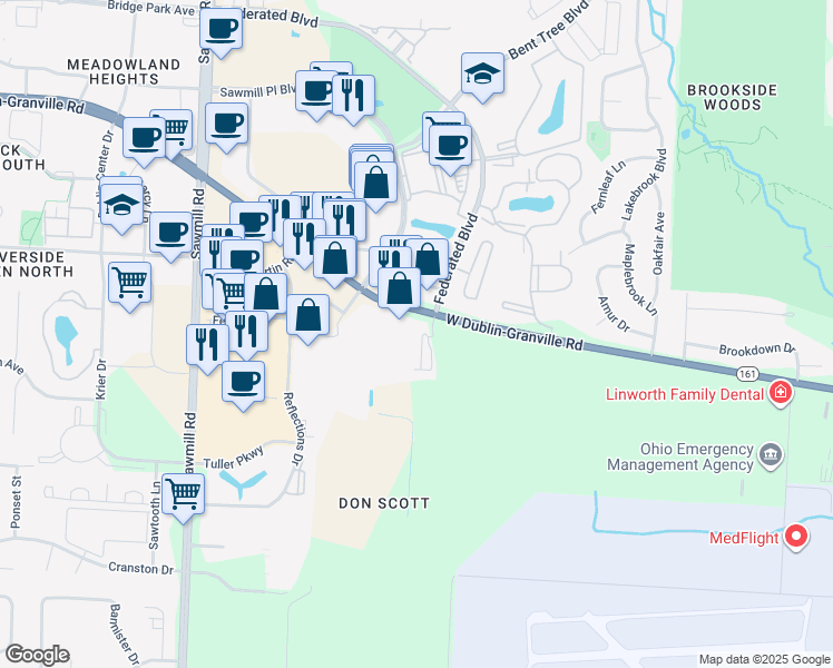 map of restaurants, bars, coffee shops, grocery stores, and more near 6667 Wesbury Park Avenue in Columbus