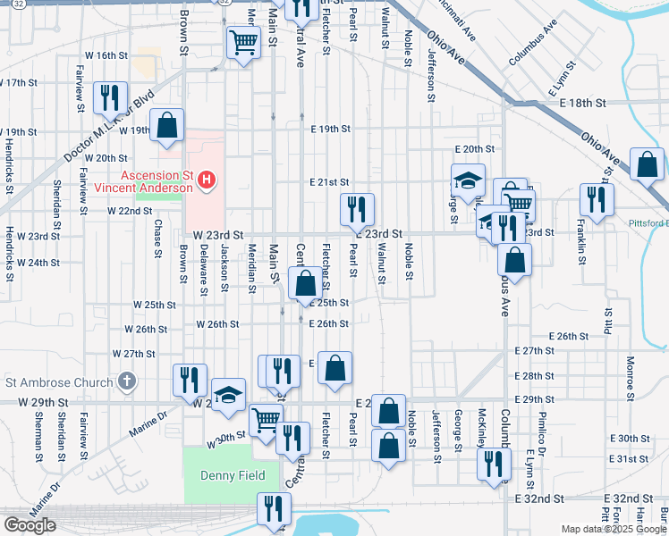 map of restaurants, bars, coffee shops, grocery stores, and more near 2420 Fletcher Street in Anderson