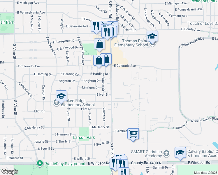 map of restaurants, bars, coffee shops, grocery stores, and more near 2015 Philo Road in Urbana