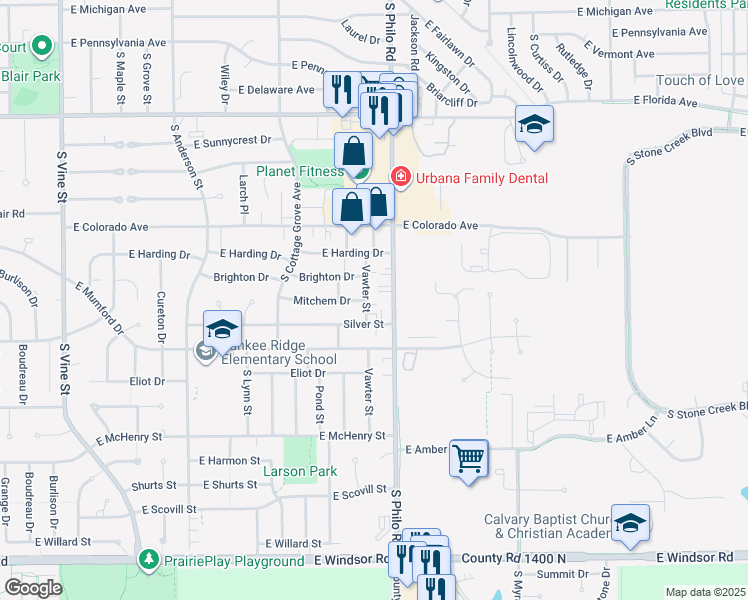 map of restaurants, bars, coffee shops, grocery stores, and more near 2015 Philo Road in Urbana