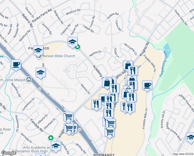 map of restaurants, bars, coffee shops, grocery stores, and more near 12560 Biscayne Drive in Philadelphia