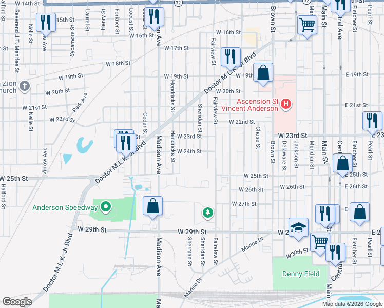 map of restaurants, bars, coffee shops, grocery stores, and more near 705 West 24th Street in Anderson