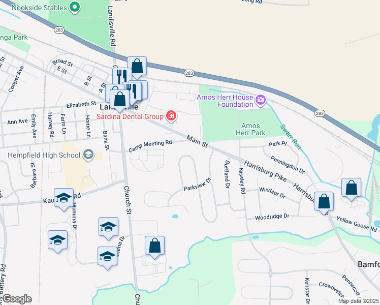 map of restaurants, bars, coffee shops, grocery stores, and more near 332 North Homestead Drive in Salunga-Landisville