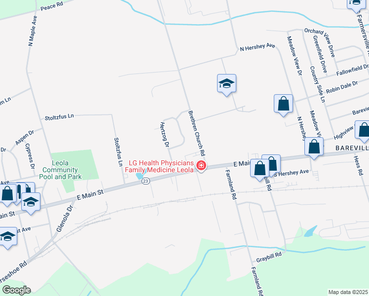 map of restaurants, bars, coffee shops, grocery stores, and more near 92 Hertzog Drive in Leola