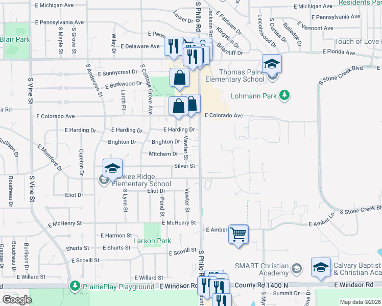 map of restaurants, bars, coffee shops, grocery stores, and more near 2012 Vawter Street in Urbana