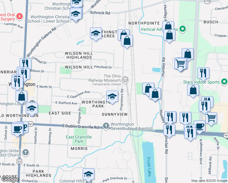 map of restaurants, bars, coffee shops, grocery stores, and more near 477 East Stafford Avenue in Worthington