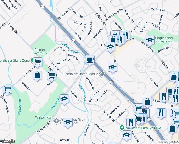 map of restaurants, bars, coffee shops, grocery stores, and more near 12022 Legion Street in Philadelphia