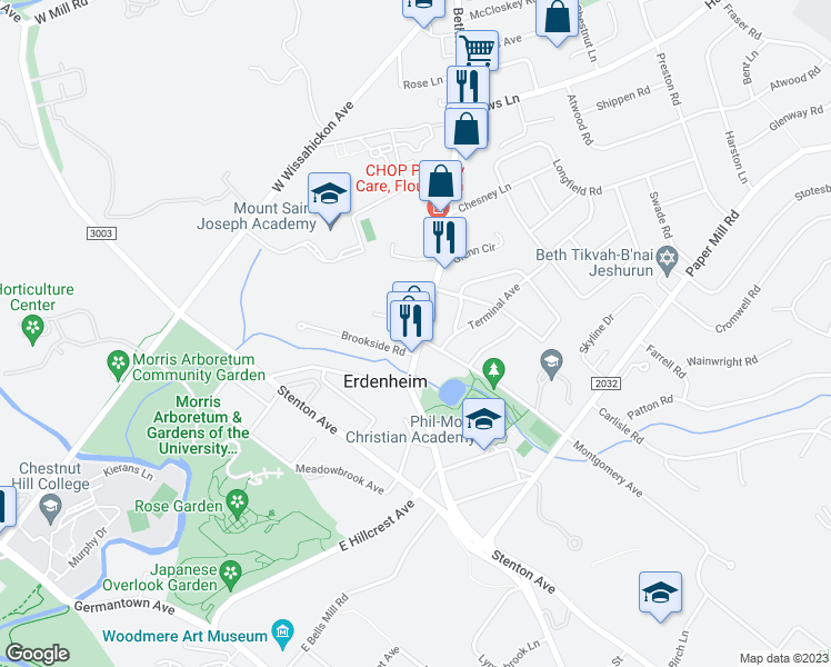 map of restaurants, bars, coffee shops, grocery stores, and more near 703 Bethlehem Pike in Erdenheim