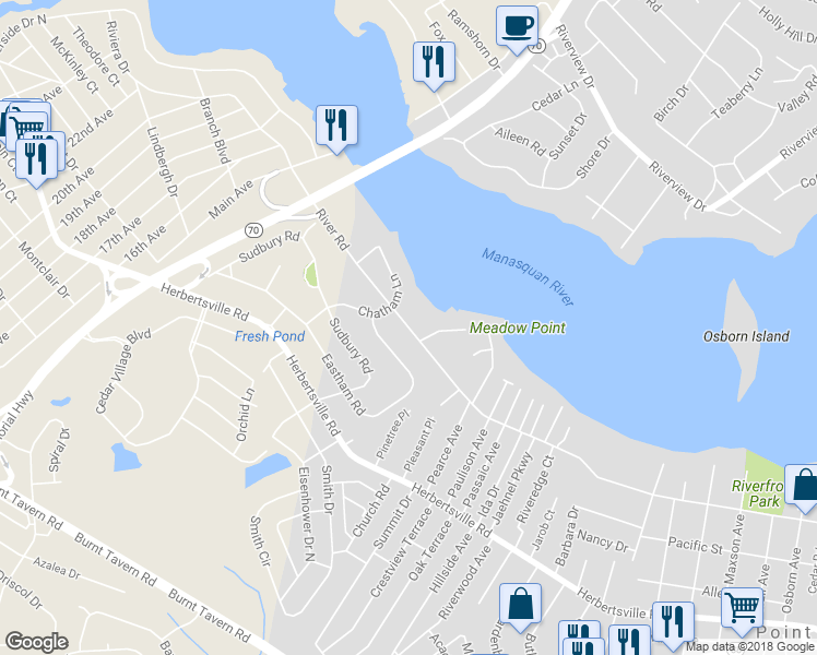 map of restaurants, bars, coffee shops, grocery stores, and more near 3723 River Road in Point Pleasant Beach