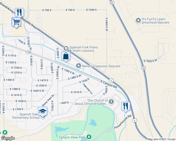 map of restaurants, bars, coffee shops, grocery stores, and more near 3186 East 1350 South Street in Spanish Fork