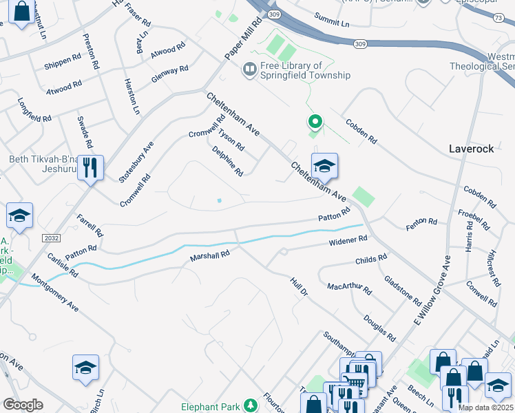 map of restaurants, bars, coffee shops, grocery stores, and more near 8538 Trumbauer Drive in Wyndmoor