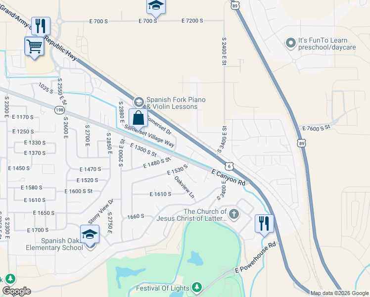 map of restaurants, bars, coffee shops, grocery stores, and more near 3186 East 1350 South Street in Spanish Fork