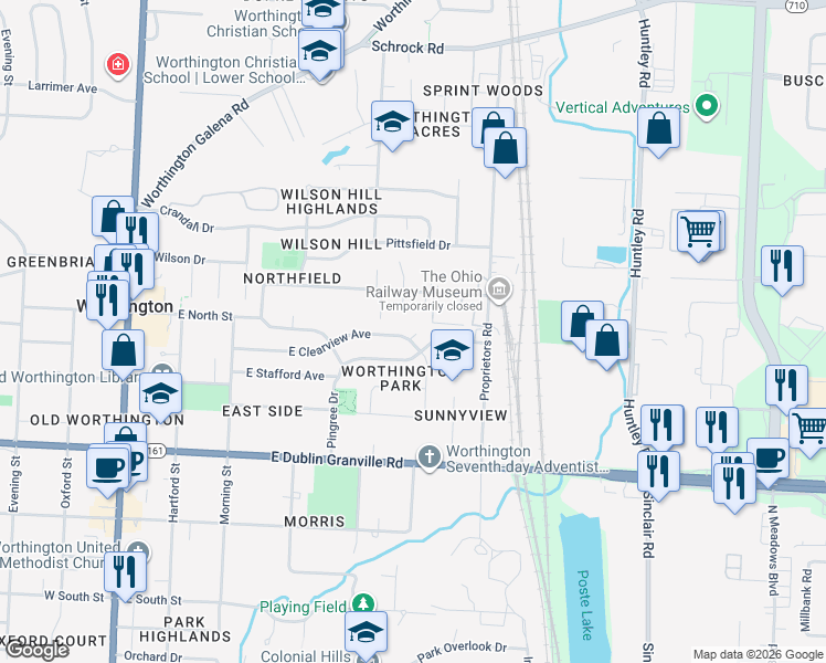 map of restaurants, bars, coffee shops, grocery stores, and more near 415 East Clearview Avenue in Worthington