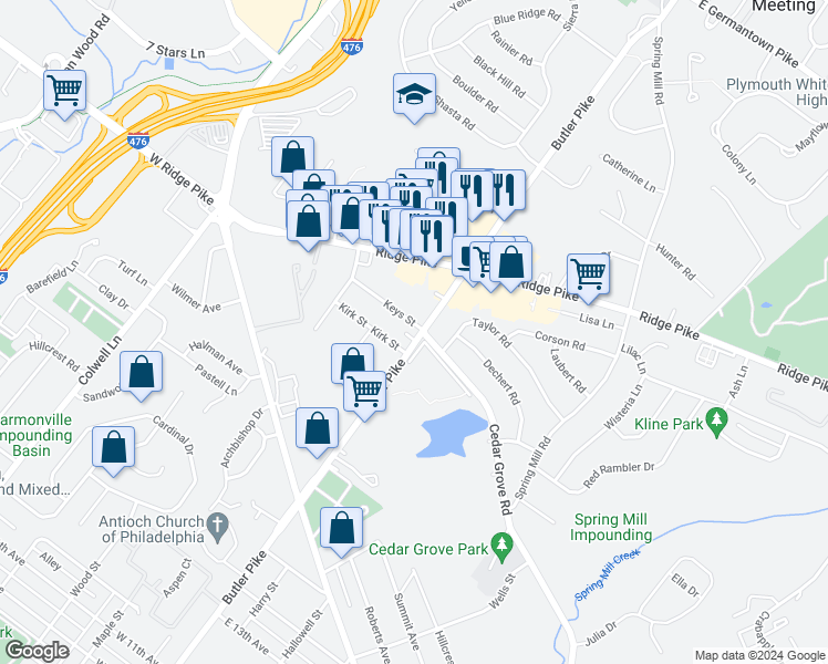 map of restaurants, bars, coffee shops, grocery stores, and more near 1820 Butler Pike in Conshohocken
