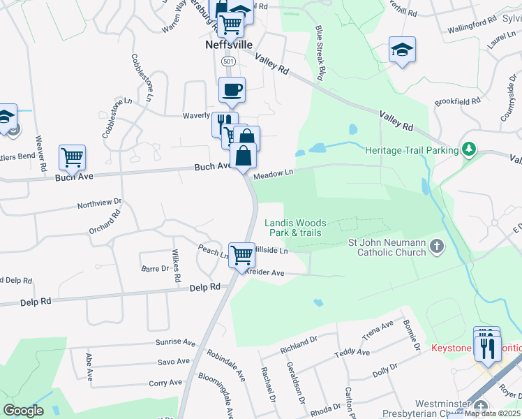 map of restaurants, bars, coffee shops, grocery stores, and more near 2419 Lititz Pike in Lancaster