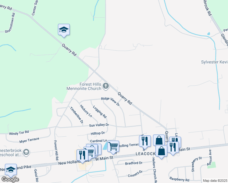 map of restaurants, bars, coffee shops, grocery stores, and more near 98 Quarry Road in Leola