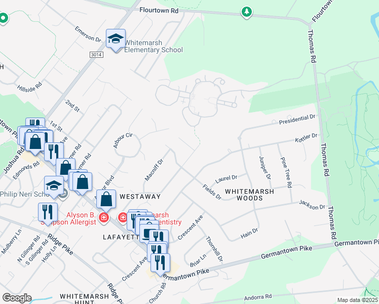 map of restaurants, bars, coffee shops, grocery stores, and more near 4053 Westaway Drive in Lafayette Hill