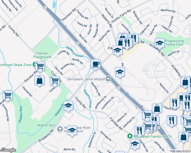 map of restaurants, bars, coffee shops, grocery stores, and more near 12022 Legion Street in Philadelphia