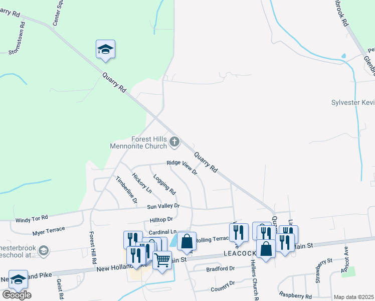 map of restaurants, bars, coffee shops, grocery stores, and more near 98 Quarry Road in Leola