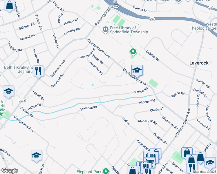 map of restaurants, bars, coffee shops, grocery stores, and more near 8538 Trumbauer Drive in Wyndmoor
