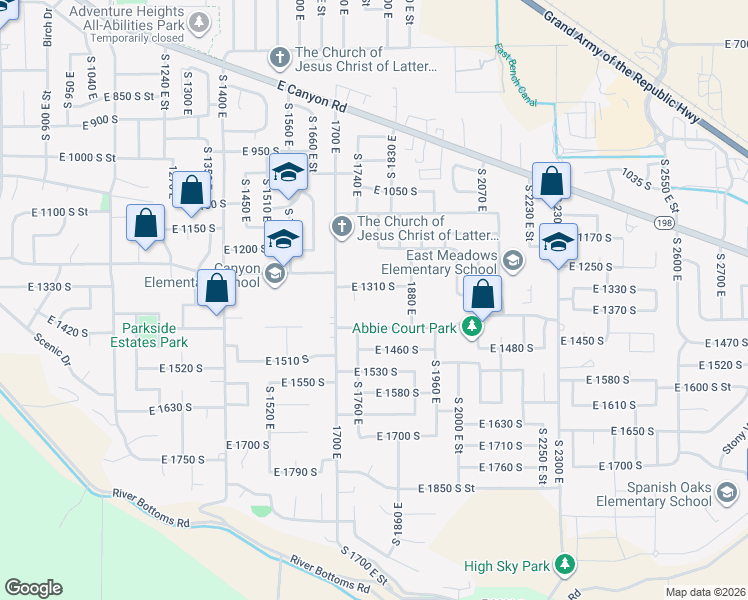 map of restaurants, bars, coffee shops, grocery stores, and more near 1819 East 1400 South in Spanish Fork