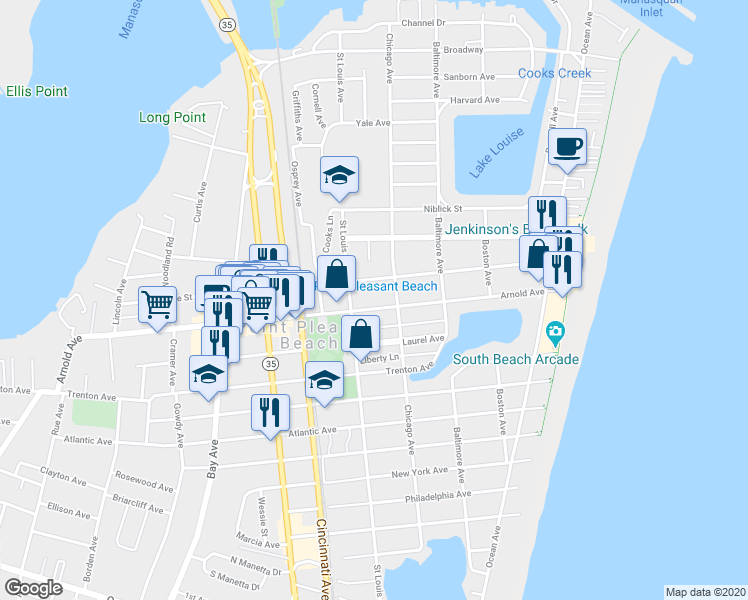 map of restaurants, bars, coffee shops, grocery stores, and more near 302 Arnold Avenue in Point Pleasant Beach